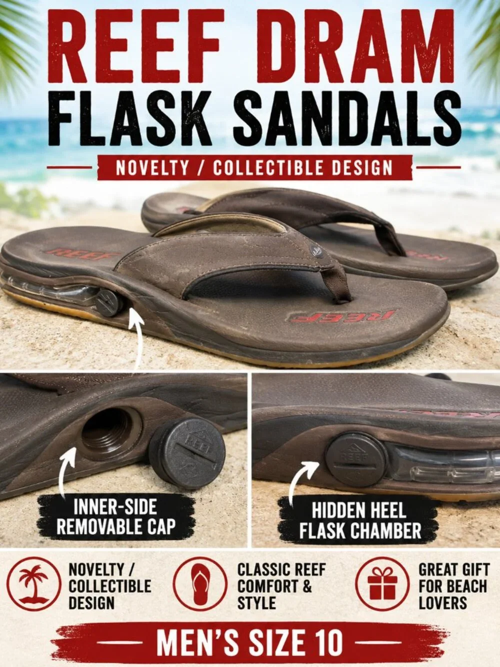 Reef Dram Flask Canteen Sandals Brown Men’s 10 Vintage Collectible Flip Flops